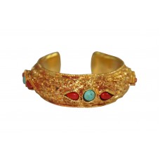 Gold Plated Alloy Metal Tibetan Bangle Powder Coral & Turquoise Stones